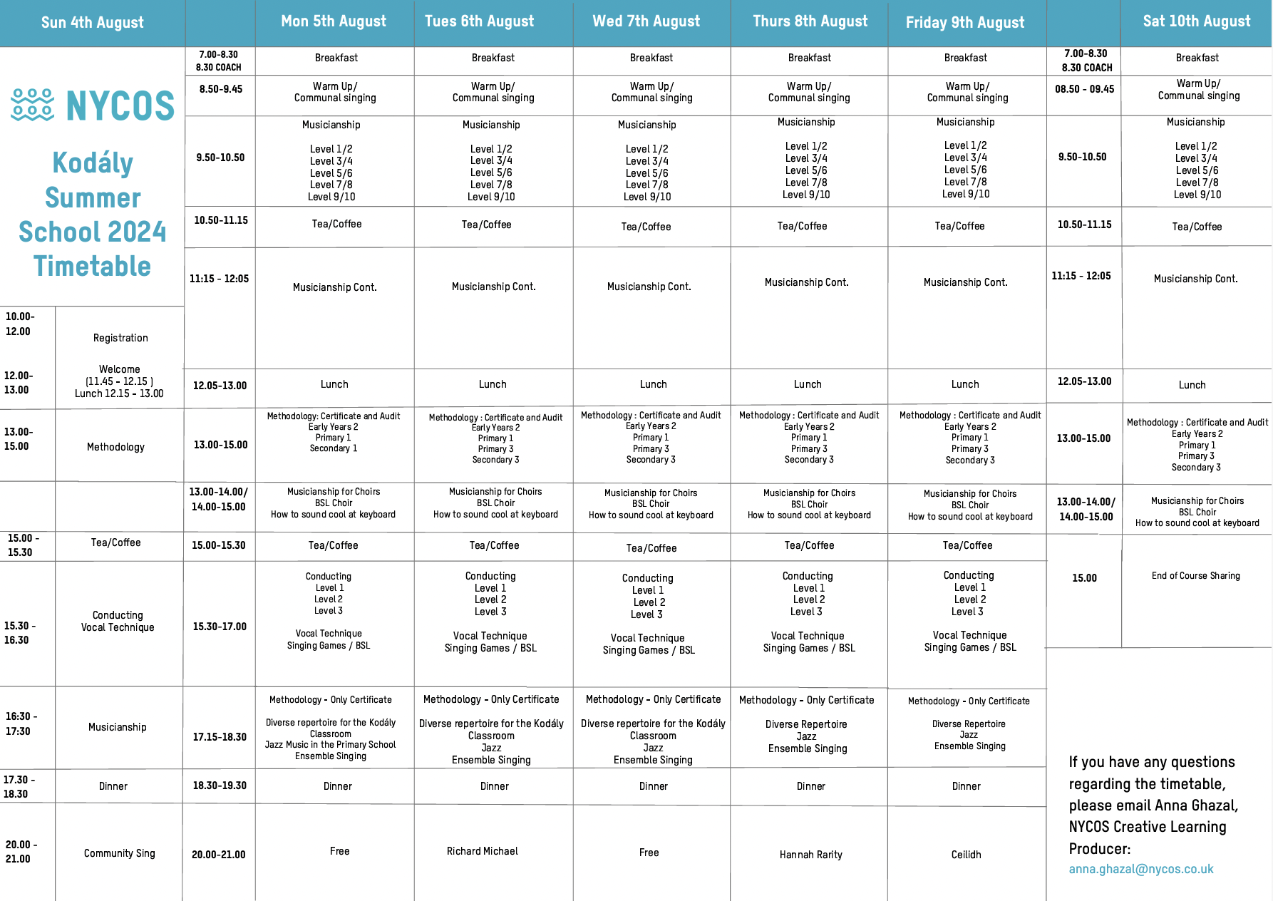 Kodály Summer School 2024 Timetable NYCOS